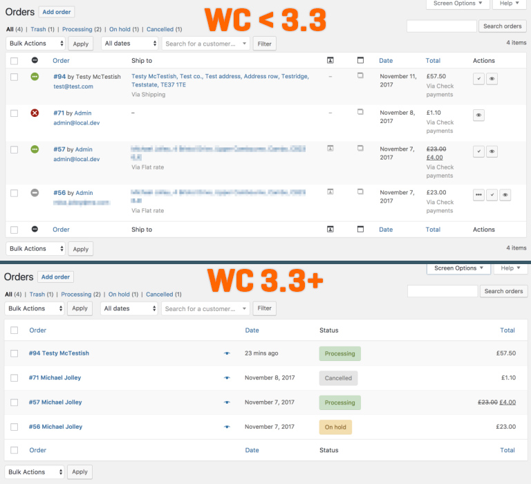WooCommerce Orders Admin Screen Comparison