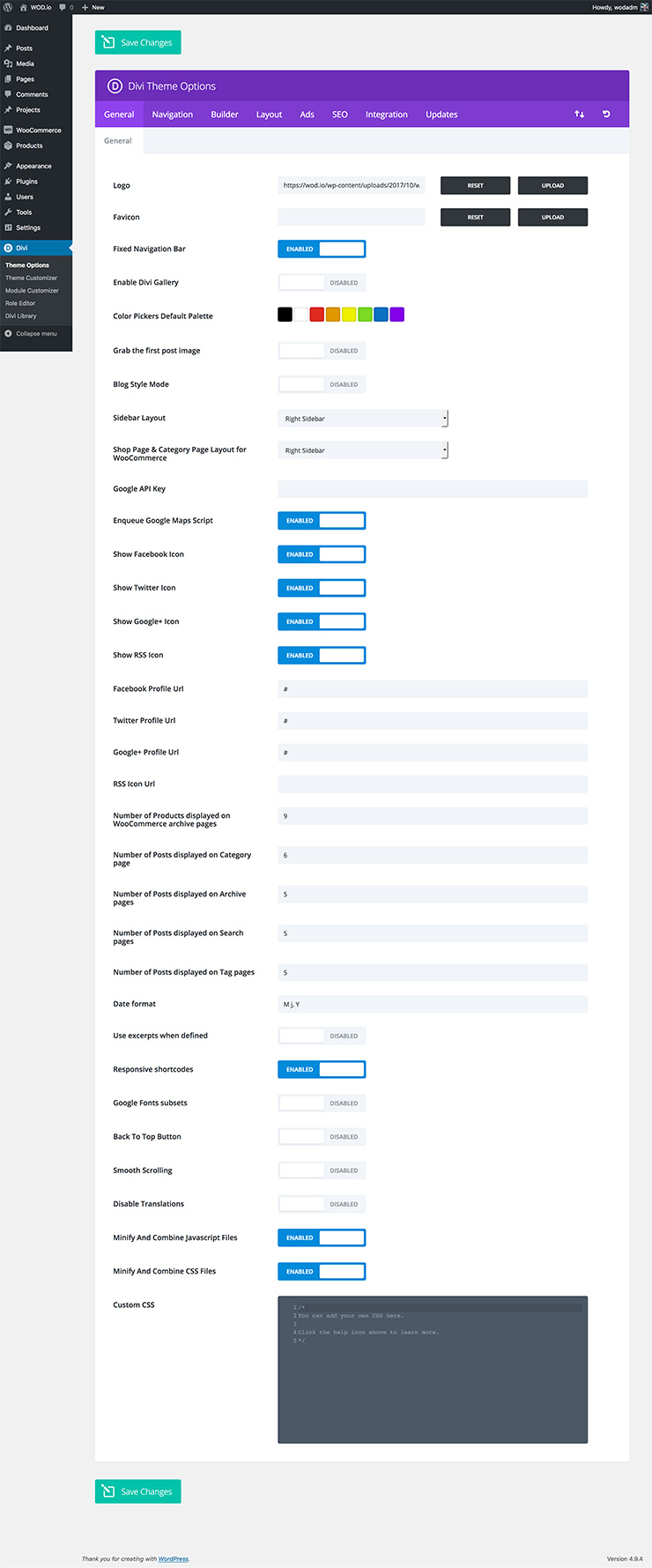 Divi’s theme customization settings