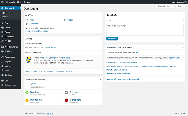 The WordPress dashboard.