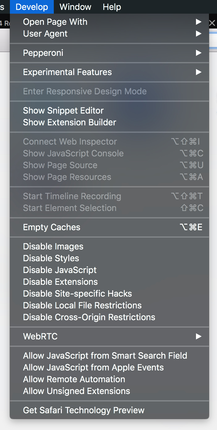 Safari develop menu