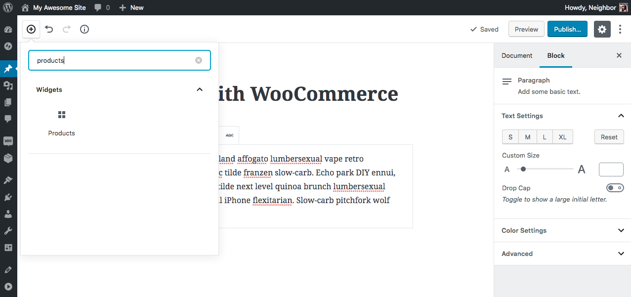 Adding WooCommerce product block to WordPress